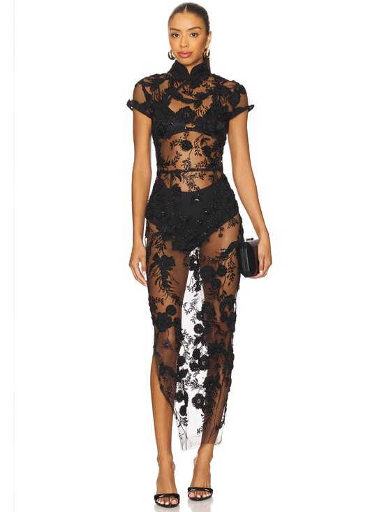 sau lee Dresses Sau Lee Charlize Midi Dress In Black Sheer Lace — free download